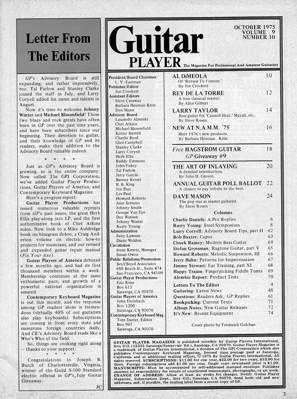 Guitar Player Magazine Contents, Oct 1975