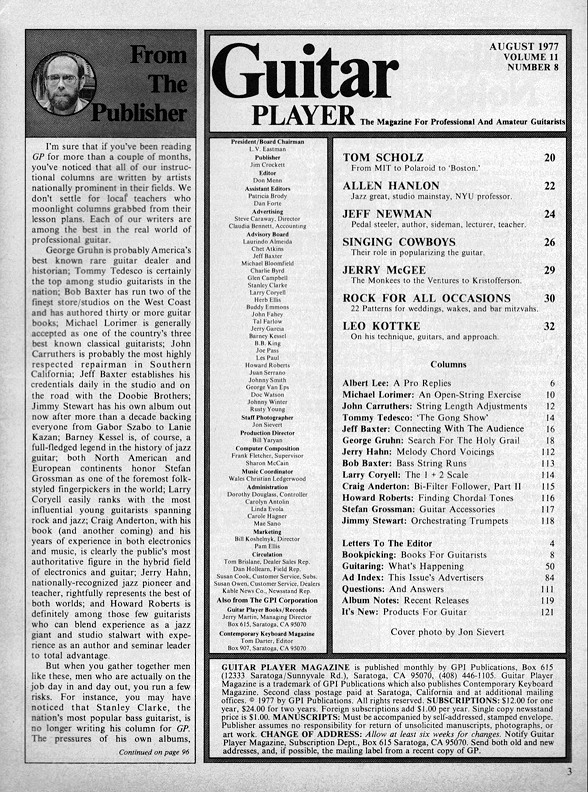 Guitar Player Magazine Contents, Aug 1977