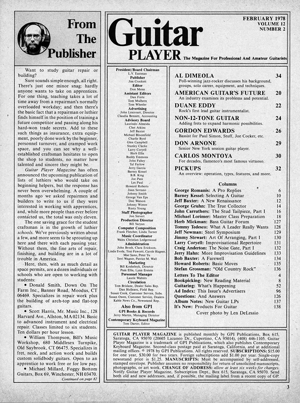 Guitar Player Magazine Contents, Feb 1978