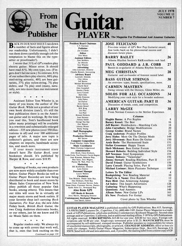 Guitar Player Magazine Contents, Jul 1978