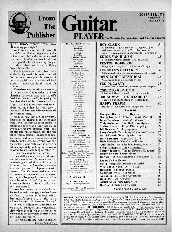 Guitar Player Magazine Contents, Nov 1978