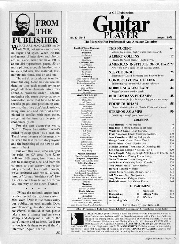 Guitar Player Magazine Contents, Aug 1979