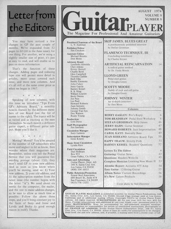 Guitar Player Magazine Contents, Aug 1974