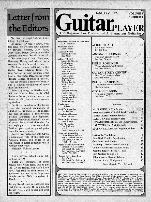 Guitar Player Magazine Contents, Jan 1974