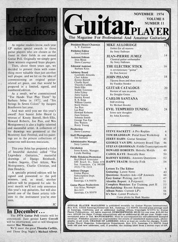 Guitar Player Magazine Contents, Nov 1974