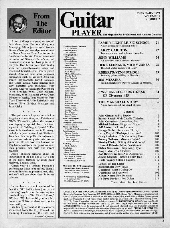 Guitar Player Magazine Contents, Feb 1977