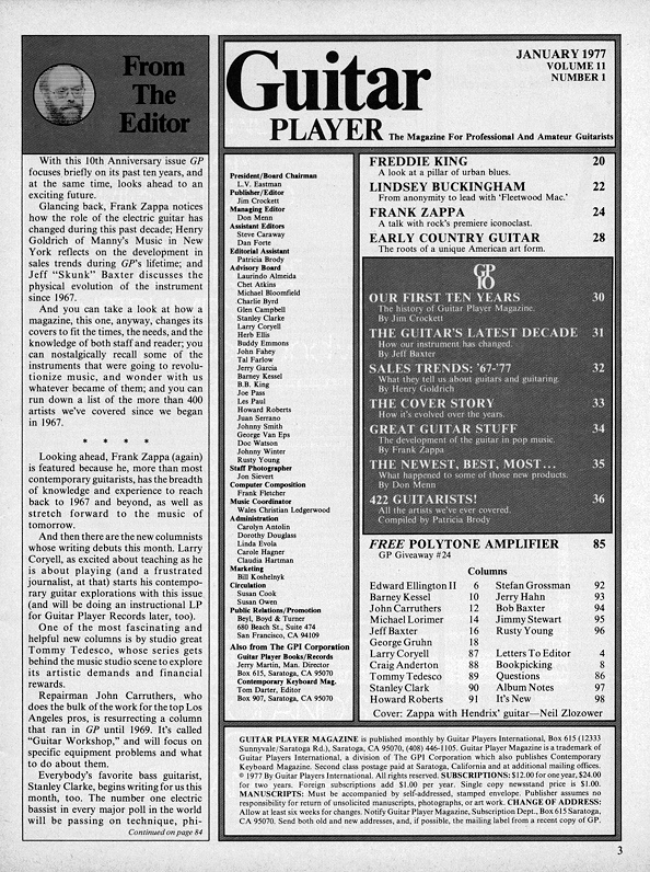 Guitar Player Magazine Contents, Jan 1977