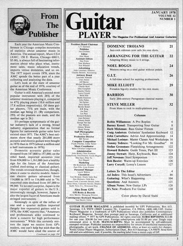 Guitar Player Magazine Contents, Jan 1978