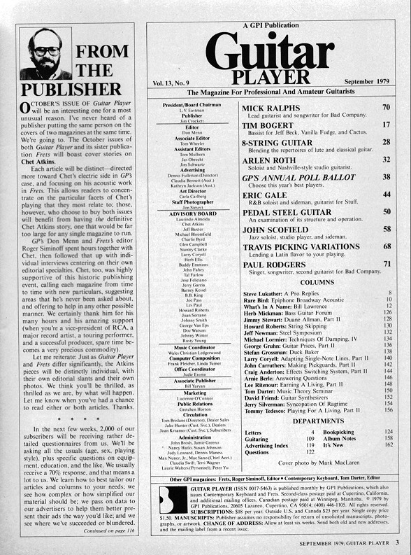 Guitar Player Magazine Contents, Sep 1979